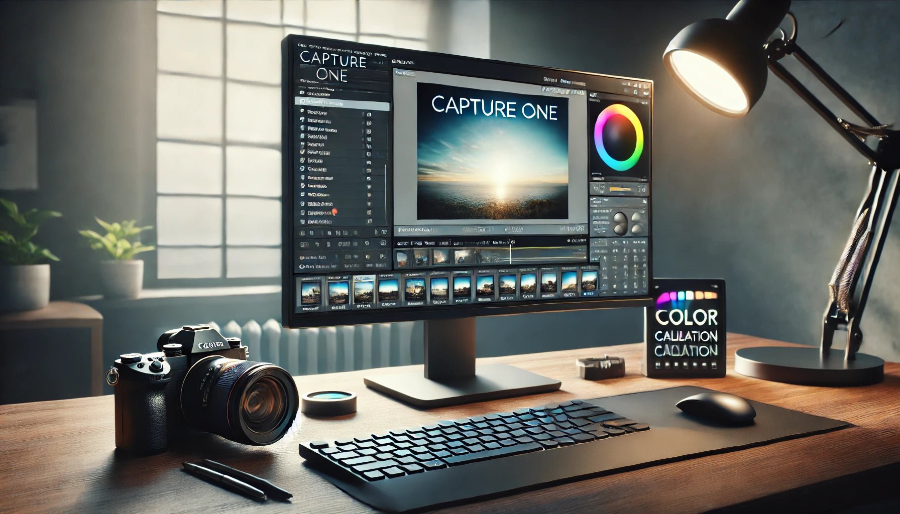 Image of a professional photographer's desktop featuring Capture One software, showcasing advanced photo editing tools and a modern, organized environment suitable for a photography studio.