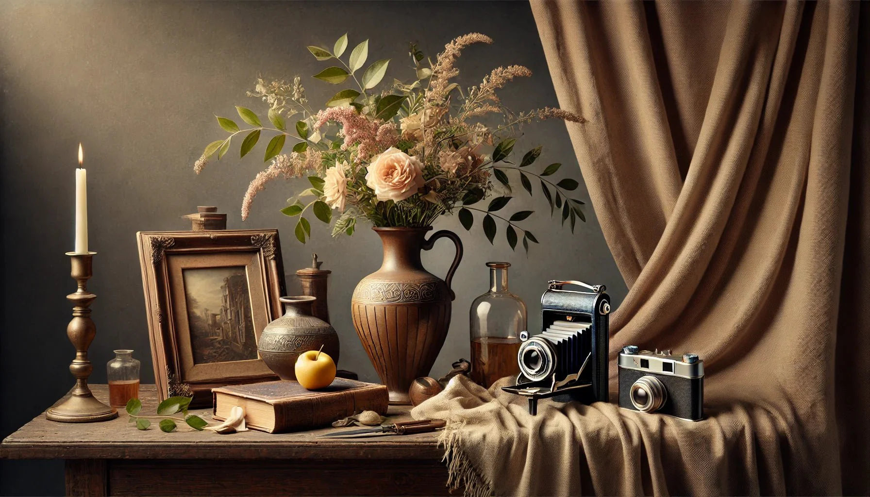 A realistic still life photography scene featuring a vase with flowers, an antique book, a draped fabric, and a vintage camera, arranged on a wooden table under soft, directional lighting.
