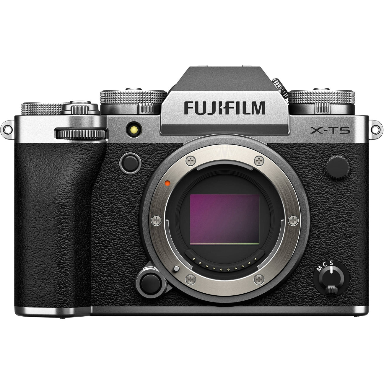Front view of the Fujifilm X-T5 (Silver)