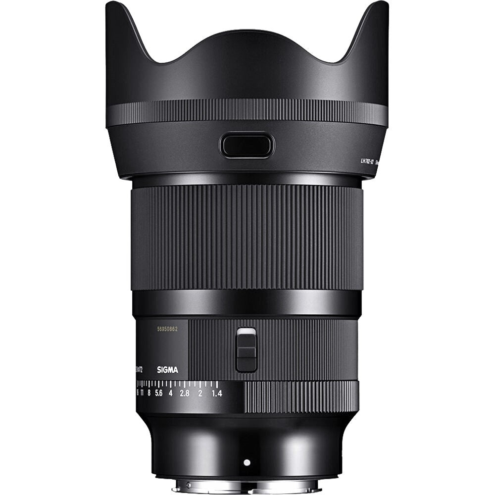 Sigma 50mm f/1.4 DG DN Art Lens (Leica L) with Attached Lens Hood on the Top