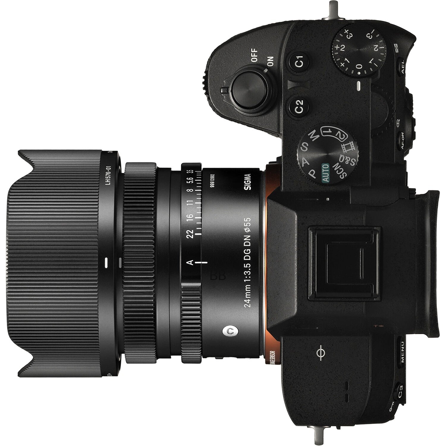 Sigma 24mm F3.5 DG DN Contemporary Lens (Sony E Mount) with Attached Camera on the Right Side