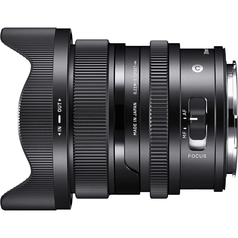 Sigma 20mm F2.0 DG DN Contemporary Lens (Leica L Mount) with Attached Lens Hood on the Left Side