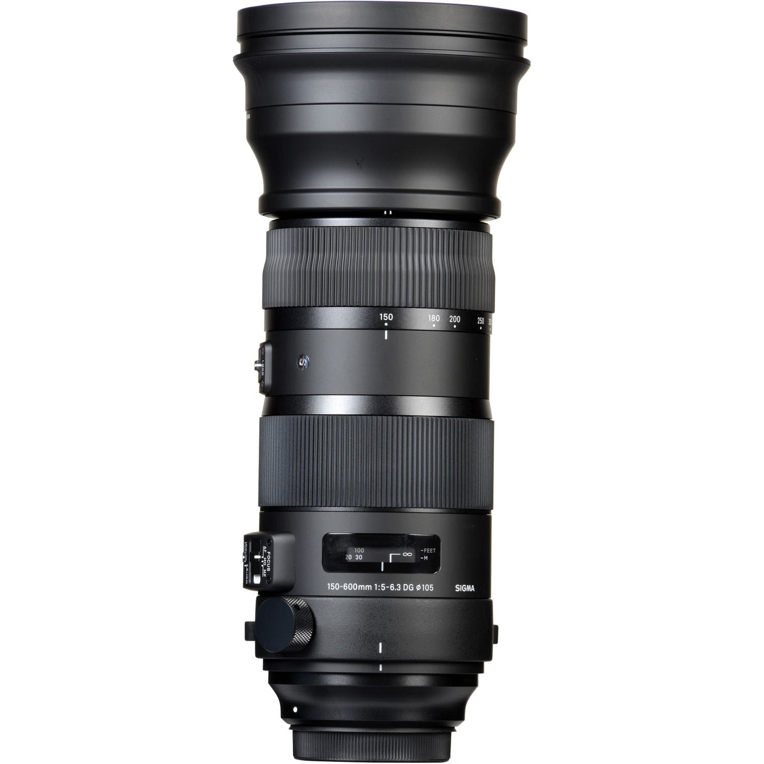 Sigma 150-600mm F5-6.3 DG OS HSM Sports Lens for Nikon F with Attached Lens Hood on the Top