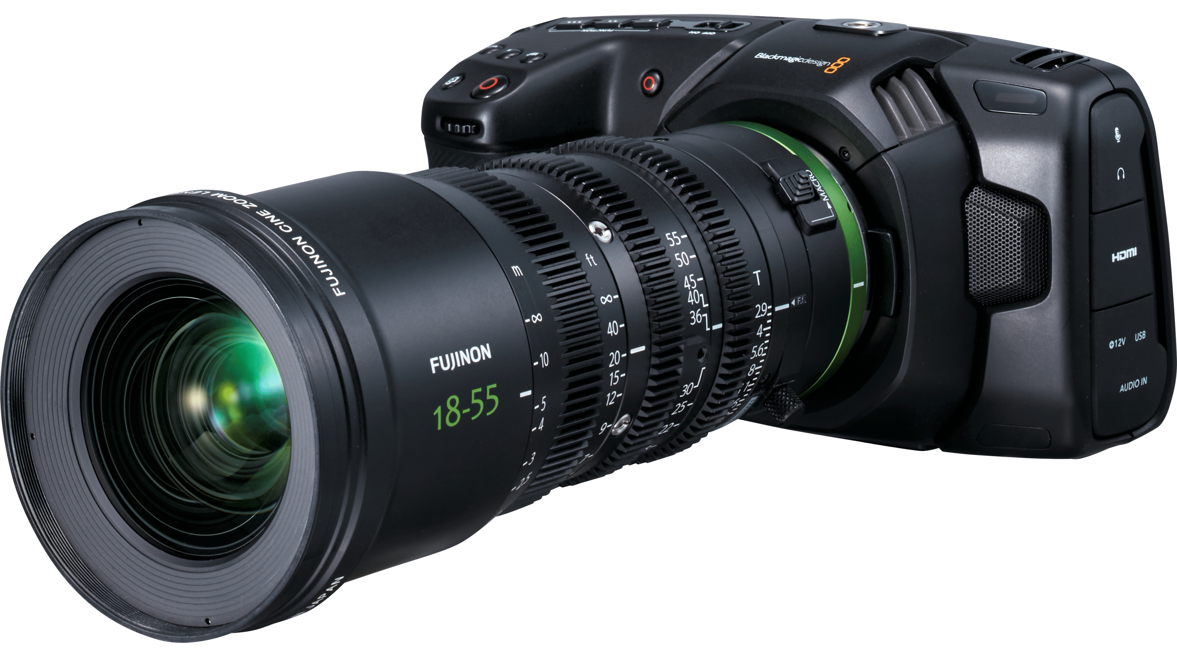 Fujinon MK18-55mm T2.9 Lens (MFT Mount) with Attached Camera