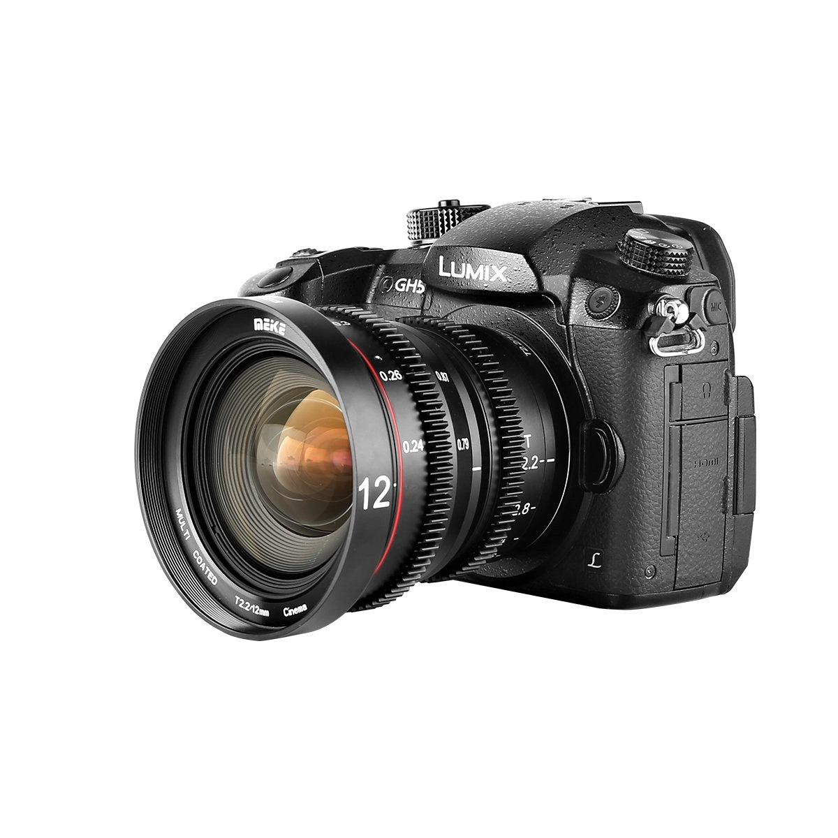 Meike 12mm T2.2 Manual Focus Wide Angle Cinema Lens (MFT Mount) with Attached Camera