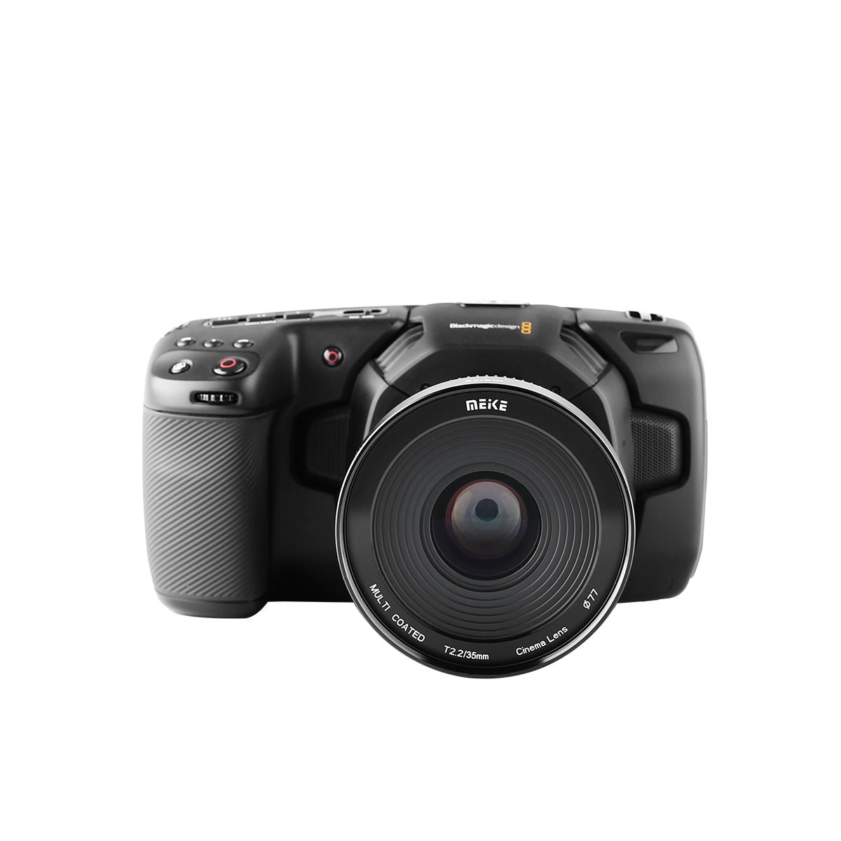 Meike Cinema Prime 35mm T2.2 Lens (Sony E Mount) with Attached Camera