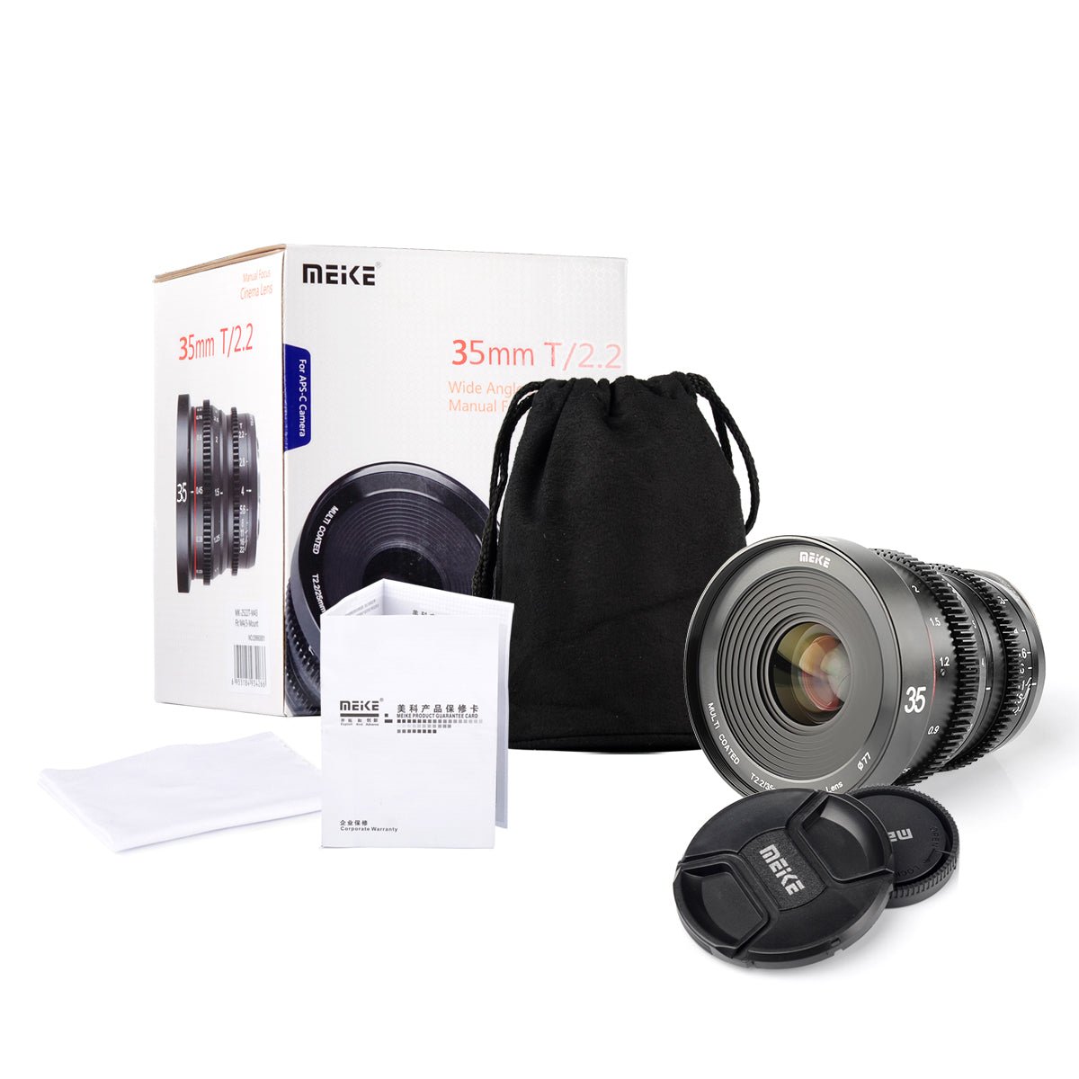Meike Cinema Prime 35mm T2.2 Lens (Sony E Mount) with Front and Rear Lens Caps, Lens Pouch, Lens Cleaning Cloth, and Product Manual