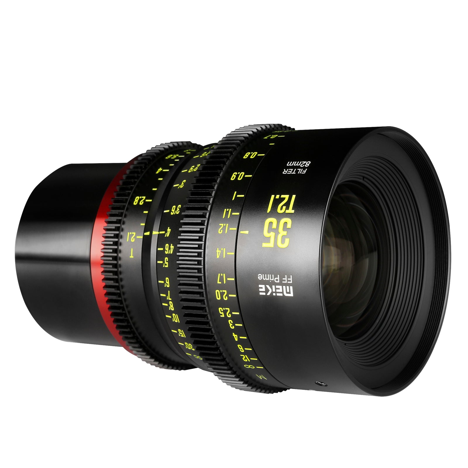Meike Cinema Full Frame Cinema Prime 35mm T2.1 Lens (RF Mount) in a Front-Side View