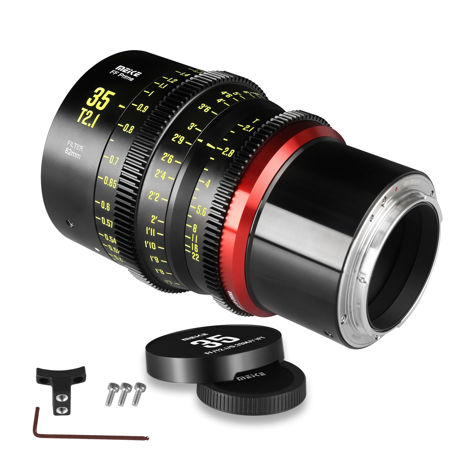 Meike Cinema Full Frame Cinema Prime 35mm T2.1 Lens (RF Mount) in a Back-Side View with Accessories
