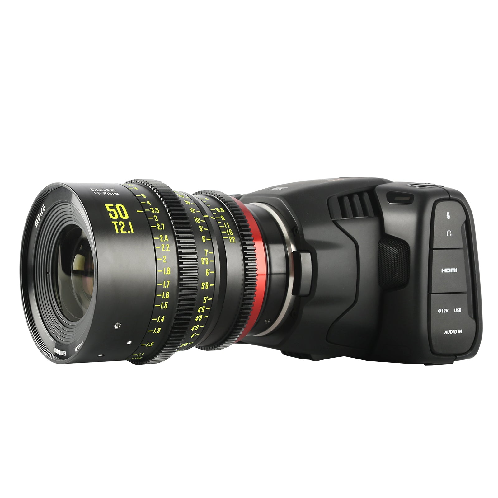 Meike Cinema Full Frame Cinema Prime 50mm T2.1 Lens (EF Mount) with Attached Camera on the Right Side