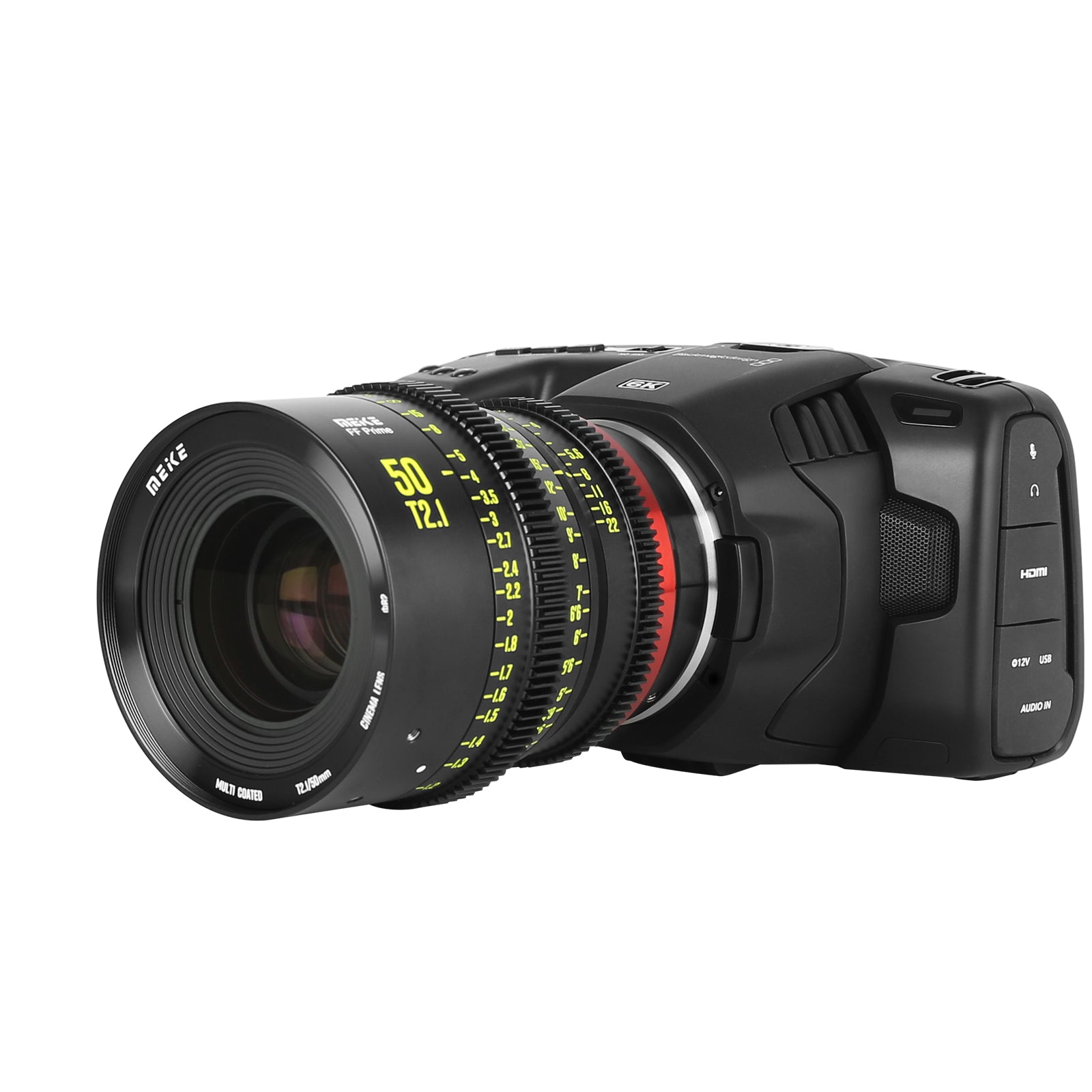 Meike Cinema Full Frame Cinema Prime 50mm T2.1 Lens (EF Mount) with Attached Camera