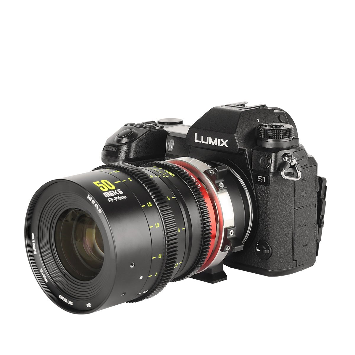 Meike Cinema Full Frame Cinema Prime 50mm T2.1 Lens (PL Mount) with Attached Camera