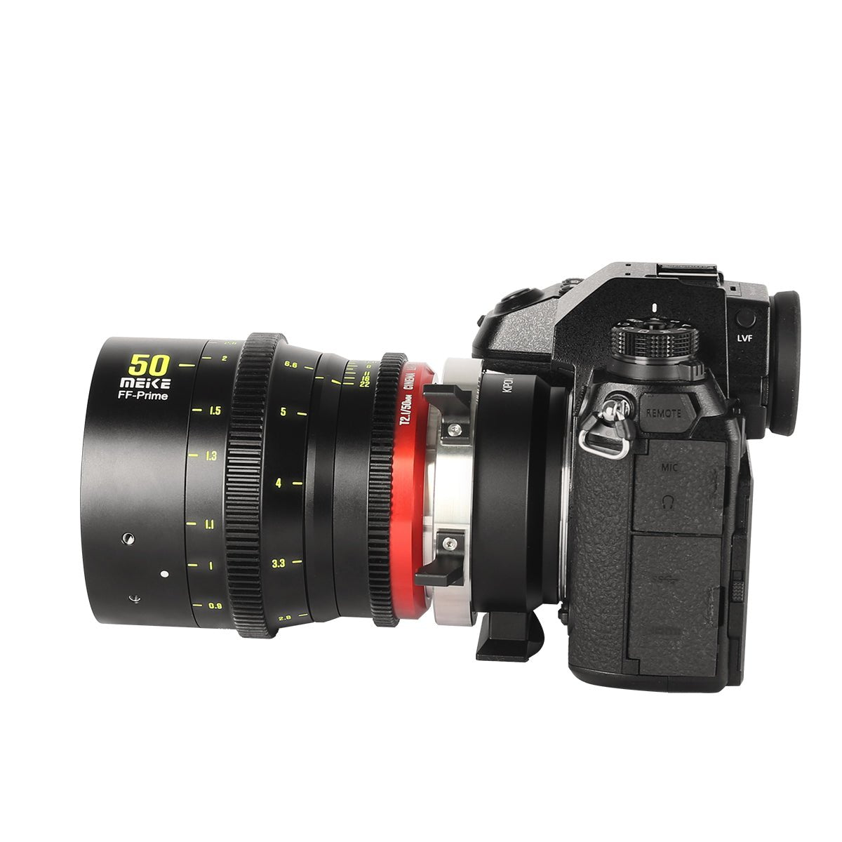 Meike Cinema Full Frame Cinema Prime 50mm T2.1 Lens (PL Mount) with Attached Camera on the Right Side