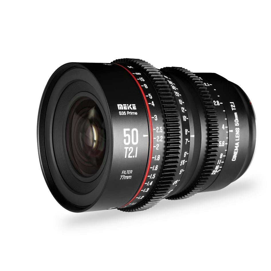 Meike 50mm T2.1 Super 35 Cine Prime Lens (EF Mount) in a Front-Side View