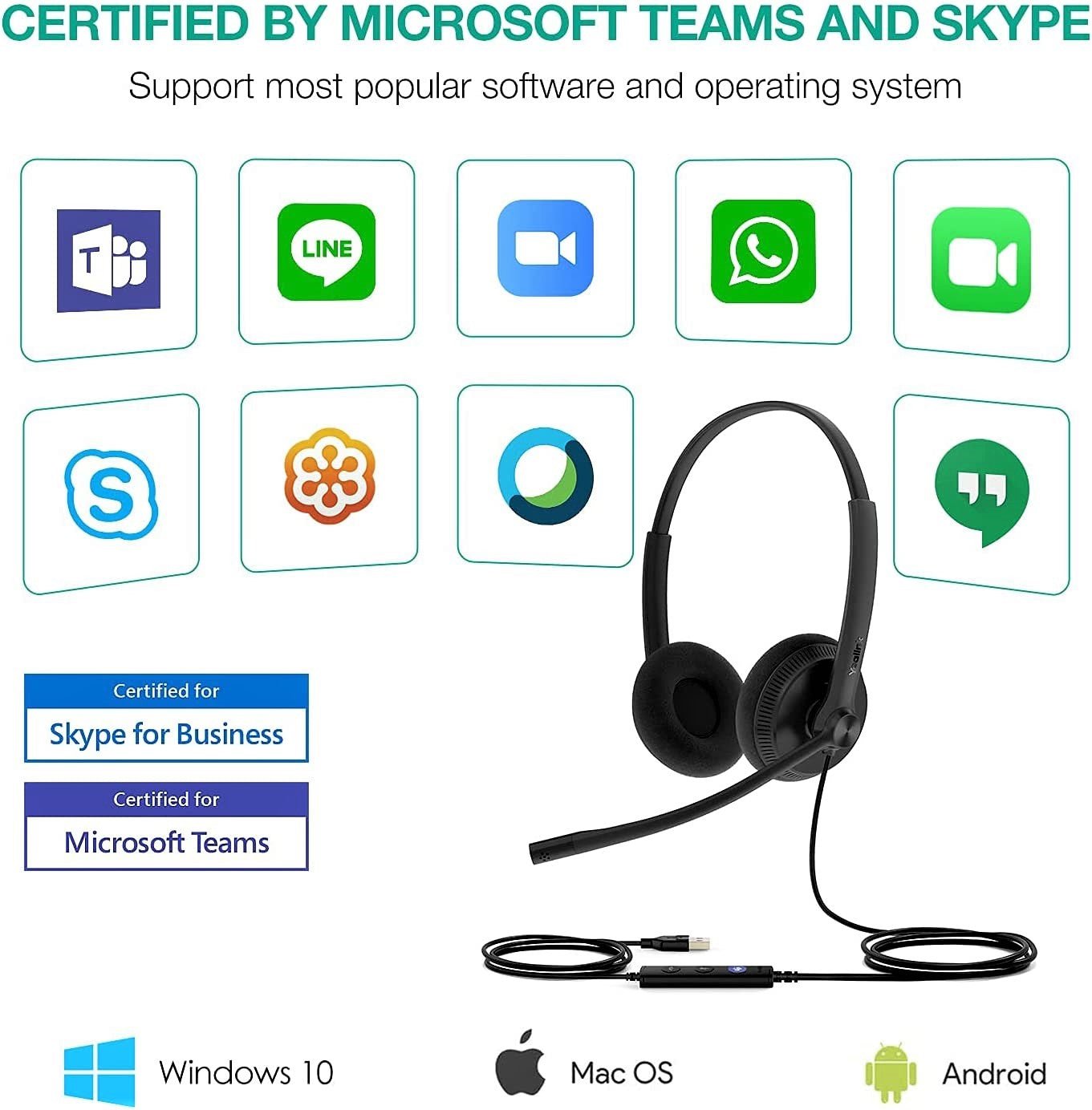Yealink Headset with Microphone USB Headset Computer Headset PC Laptop Headset Teams Certified UH34 Wired Noise Cancelling with Mic Stereo for Microsoft Optimized