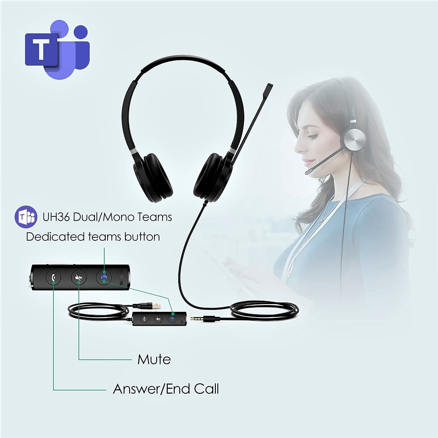 Yealink Headset with Microphone for PC Laptop Computer Headset Teams Certified USB Headset UH36 Noise Cancelling with Mic Stereo 3.5mm Jack for Calls and Music