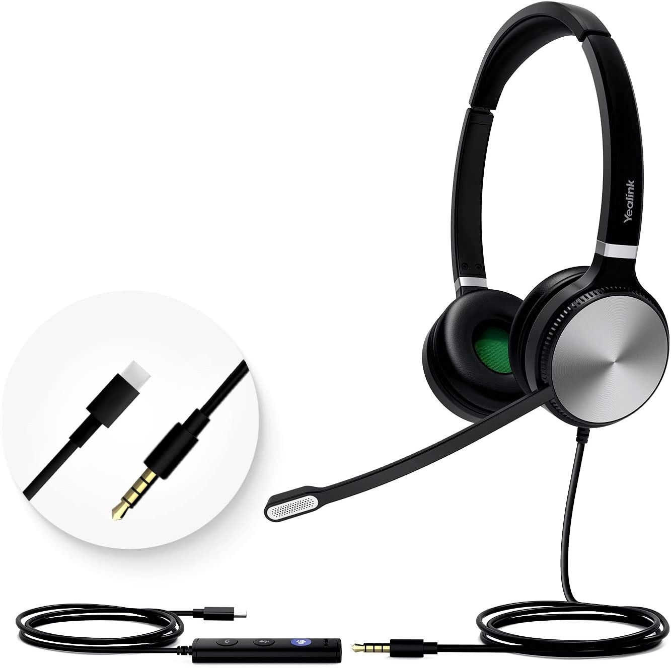 Yealink Teams Certified Telephone Headset Microphone USB Wired UH36 UH34 Noise Cancelling with Mic for Computer PC Laptop Stereo for Calls and Music 3.5mm Jack (Dual-USB C, Teams Optimized)