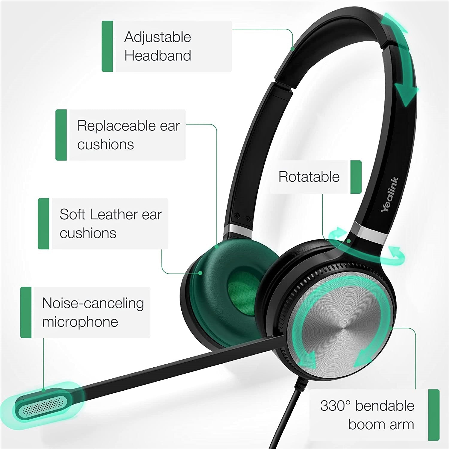 Yealink Teams Certified Telephone Headset Microphone USB Wired UH36 UH34 Noise Cancelling with Mic for Computer PC Laptop Stereo for Calls and Music 3.5mm Jack