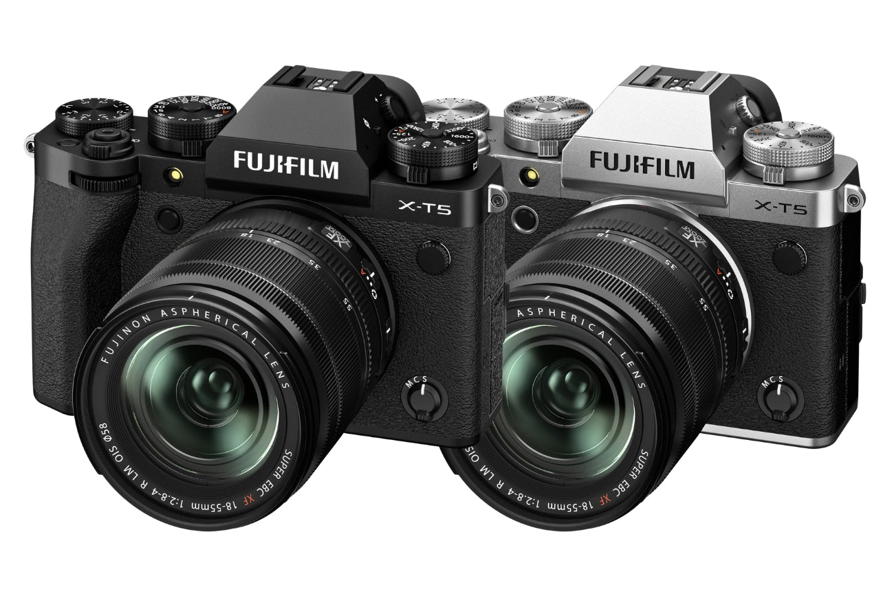 Black and Silver Fujifilm X-T5 Mirrorless Camera with 18-55mm Lens