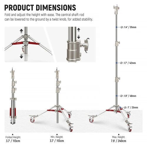 Neewer ST240SS Stainless Steel Light Stand with Casters (7.9')