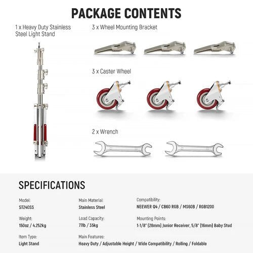 Neewer ST240SS Stainless Steel Light Stand with Casters (7.9')