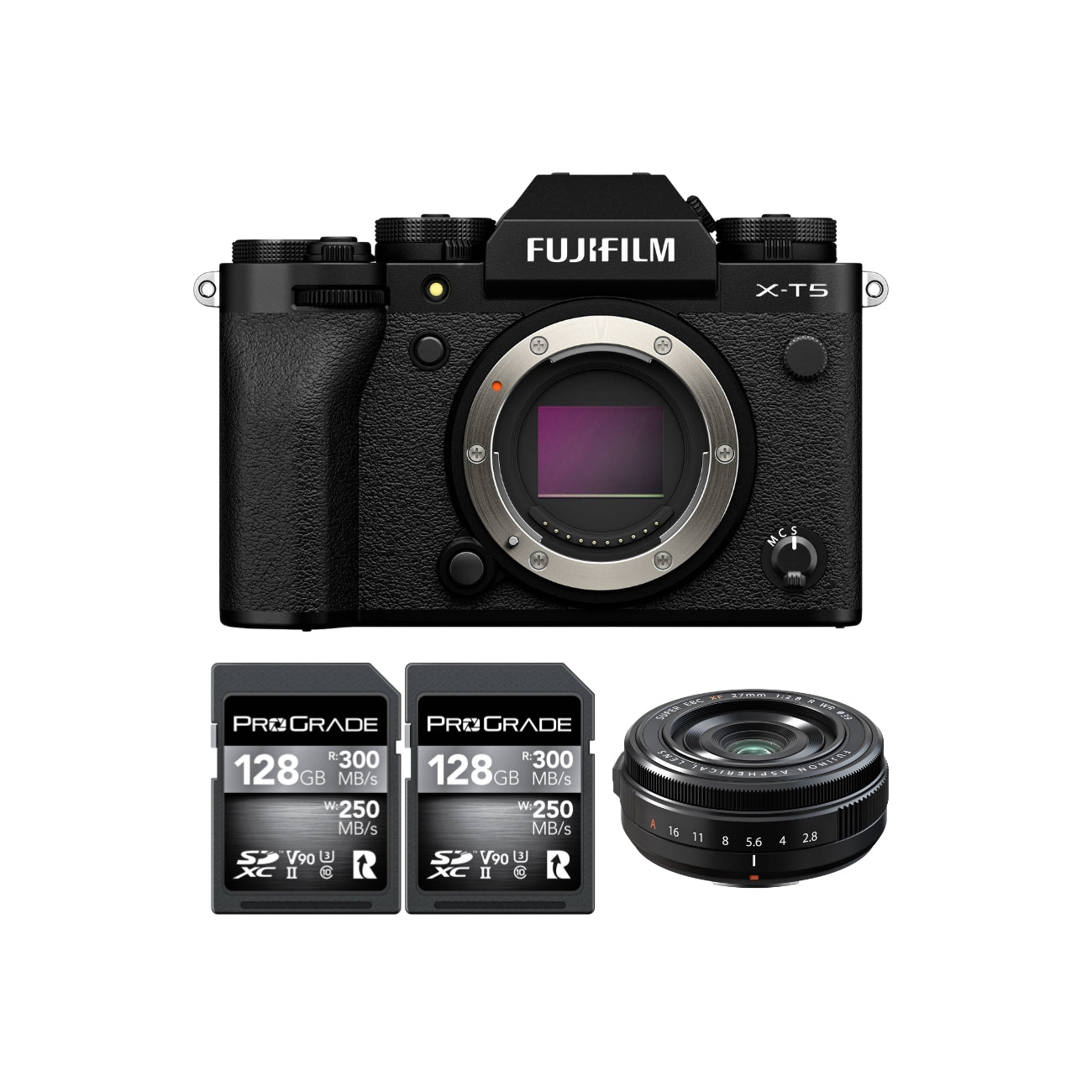 The Fujifilm X-T5 Mirrorless Camera with 27mm Lens & 128GB Memory Card Kit