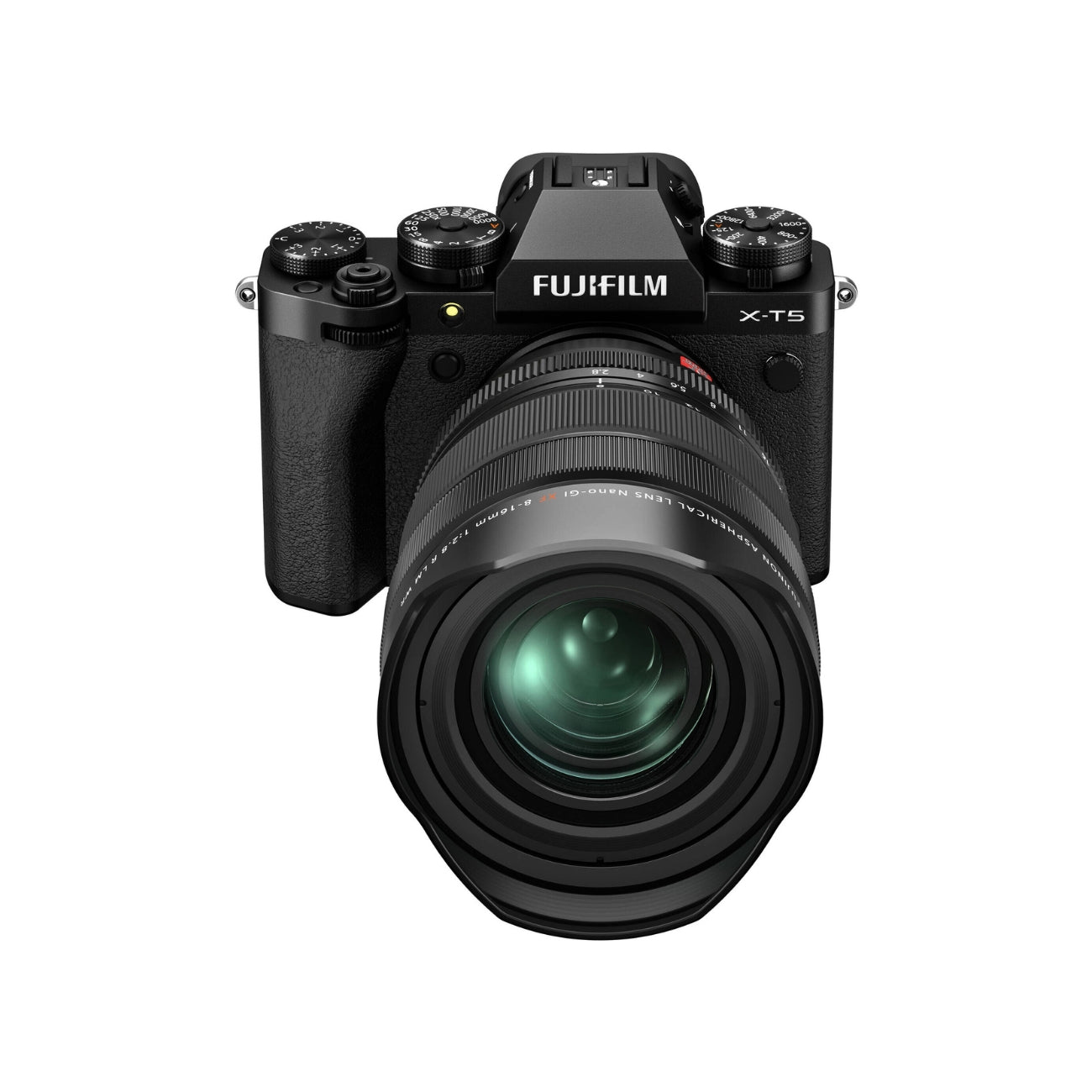 Front view of the Fujifilm X-T5 with lens