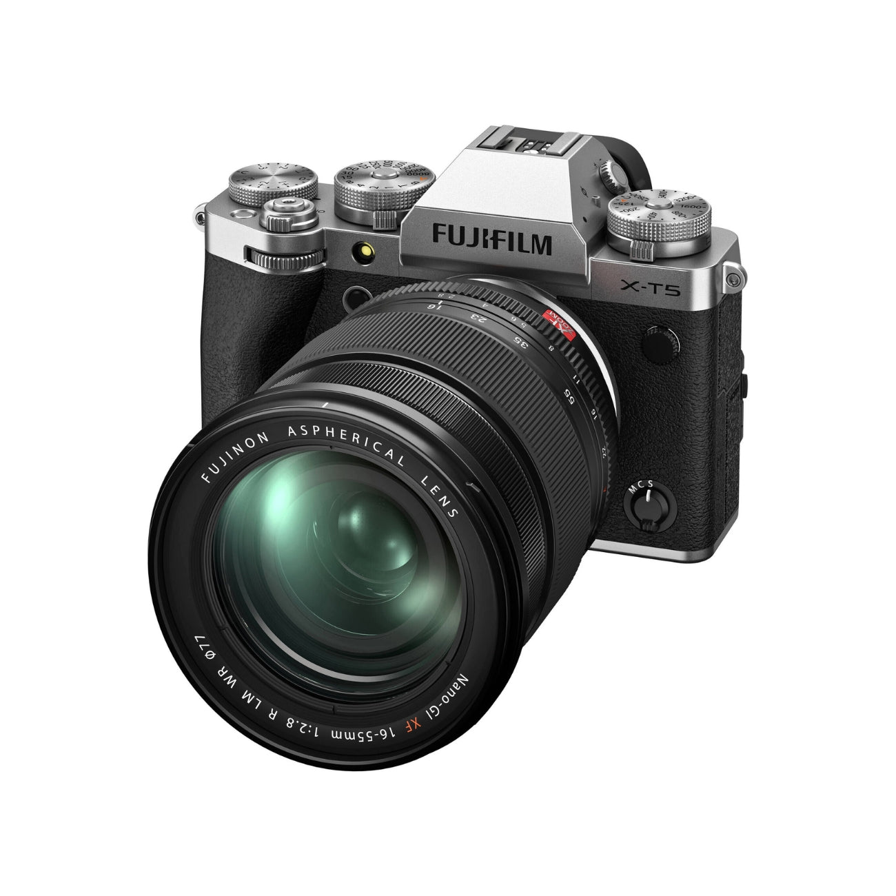 Distant view of the Fujifilm X-T5 (Silver) with lens