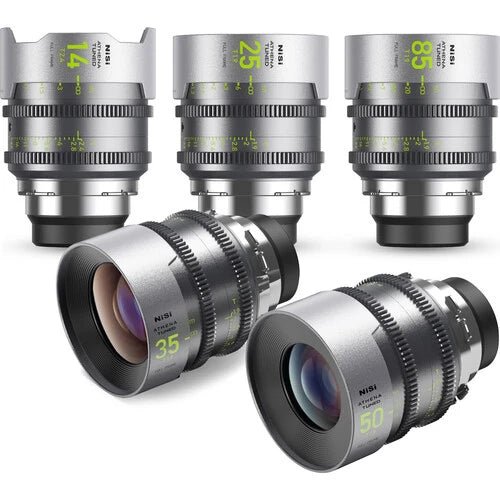 Complete set of NiSi Athena Tuned cine lenses ranging from wide angle to telephoto.