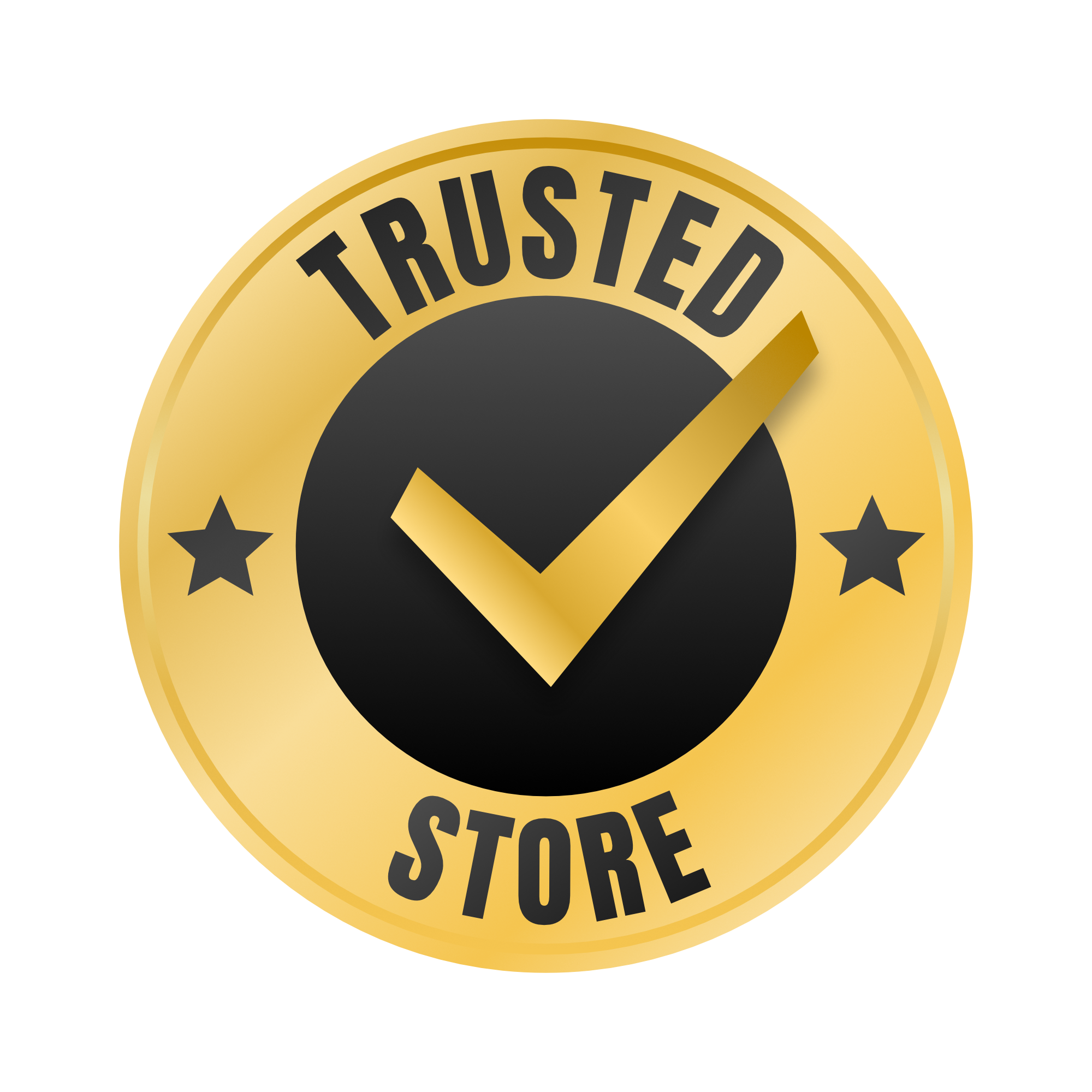 Gold and black 'Trusted Store' badge with a check mark on a white background