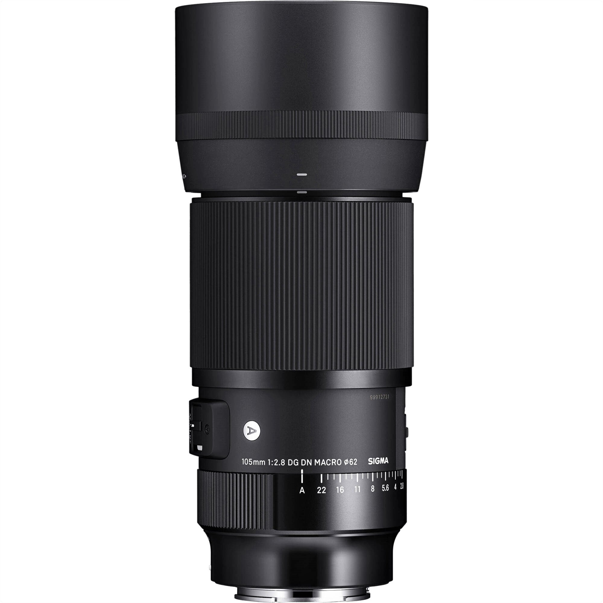 Sigma 105mm F2.8 DG DN Macro Art Lens for Sony E with Attached Lens Hood on the Top