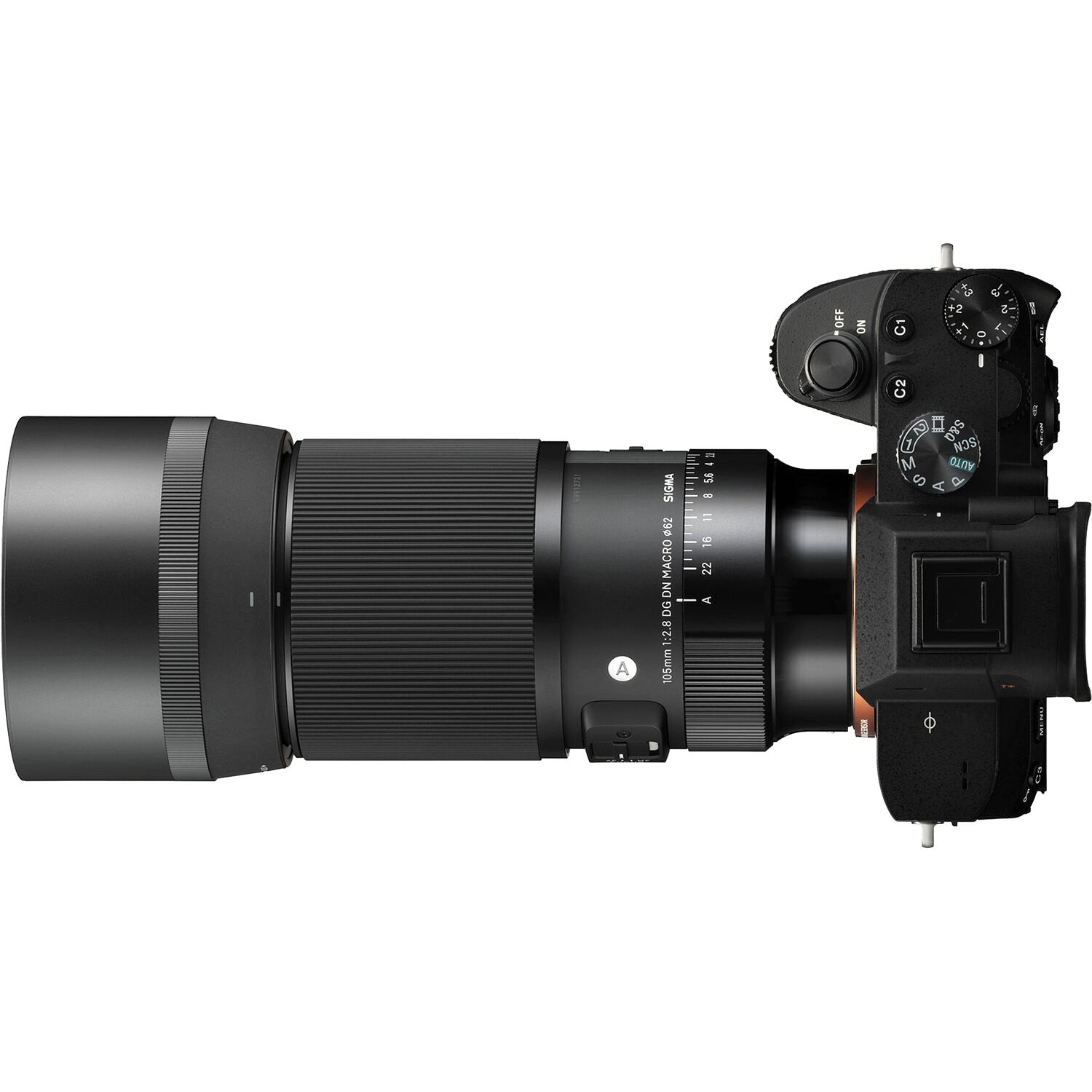 Sigma 105mm F2.8 DG DN Macro Art Lens for Sony E with Attached Camera on the Right Side