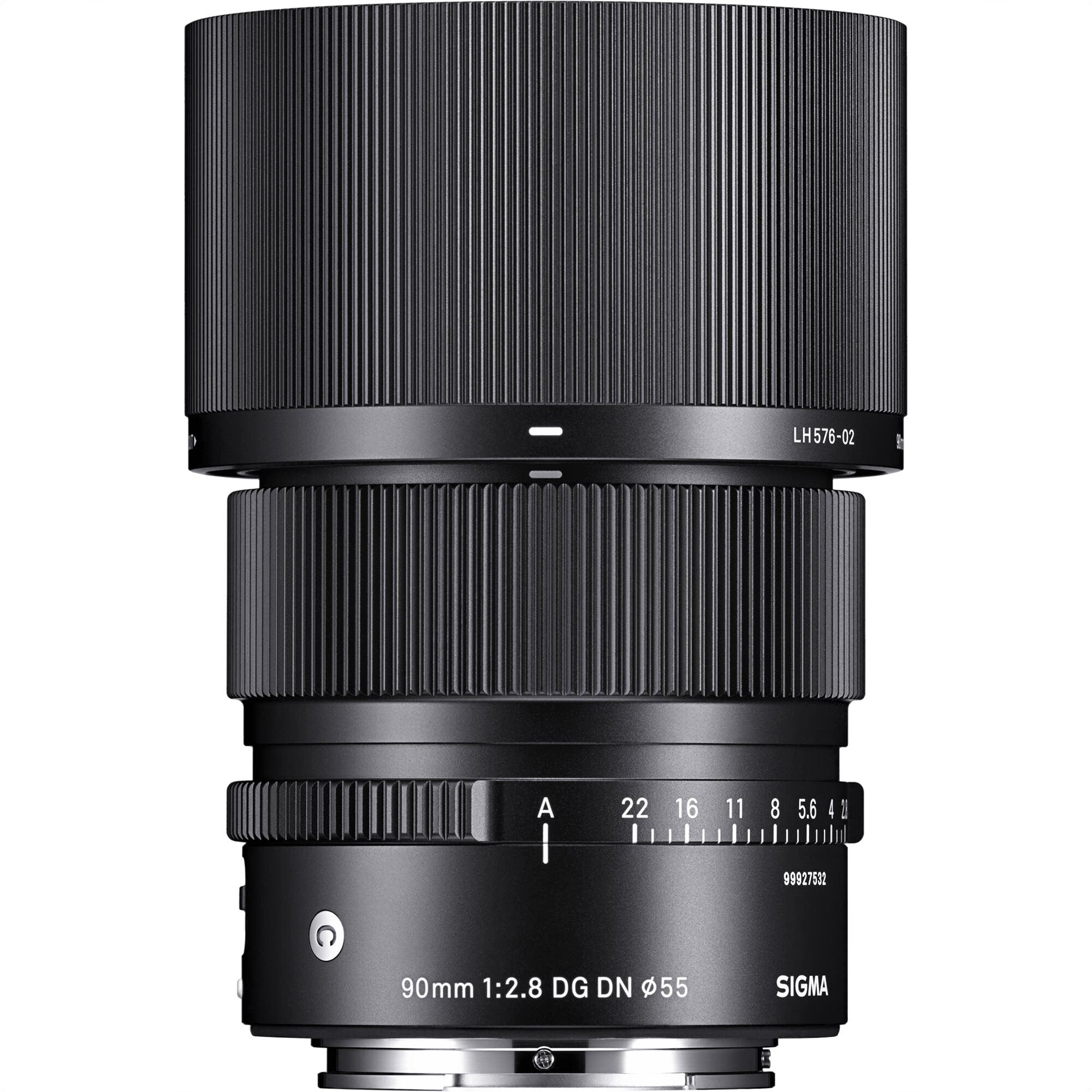 Sigma 90mm F2.8 DG DN Contemporary Lens for Sony E with Attached Lens Hood on the Top