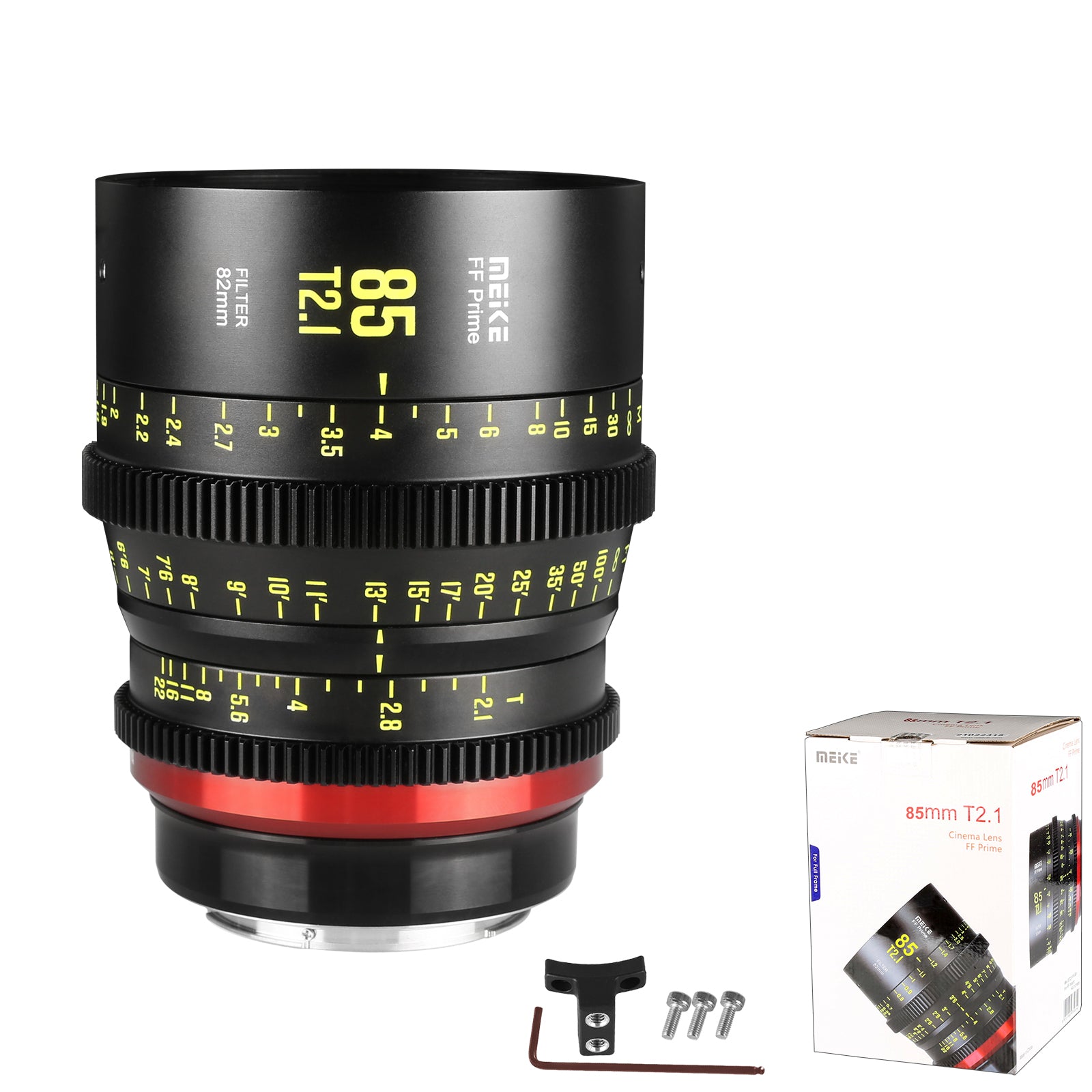 Meike Cinema Full Frame Cinema Prime 85mm T2.1 Lens (Canon RF Mount) with Accessories and a Box