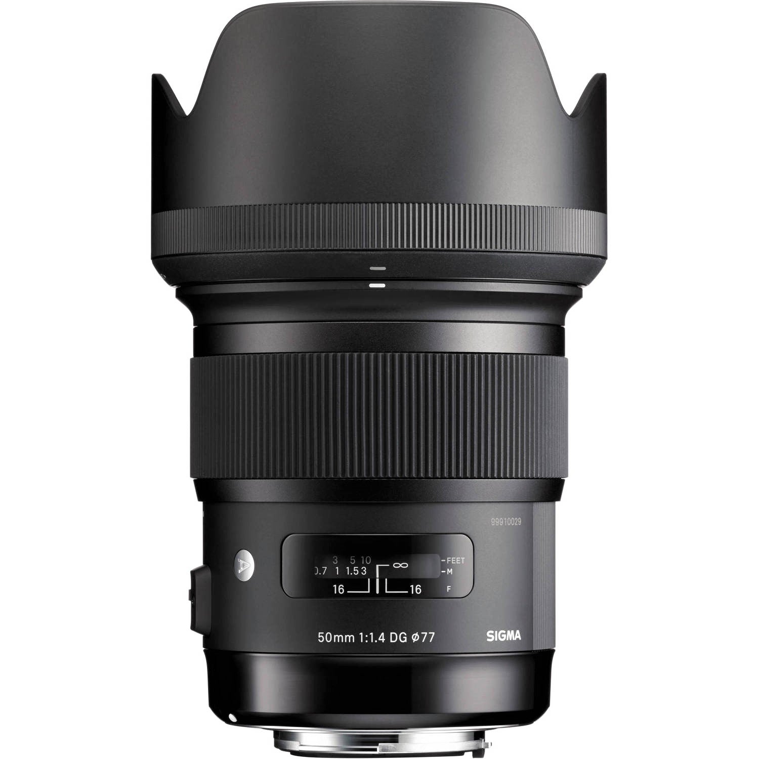 Sigma 50mm F1.4 DG HSM Art Lens for Sigma SA with Attached Lens Hood on the Top