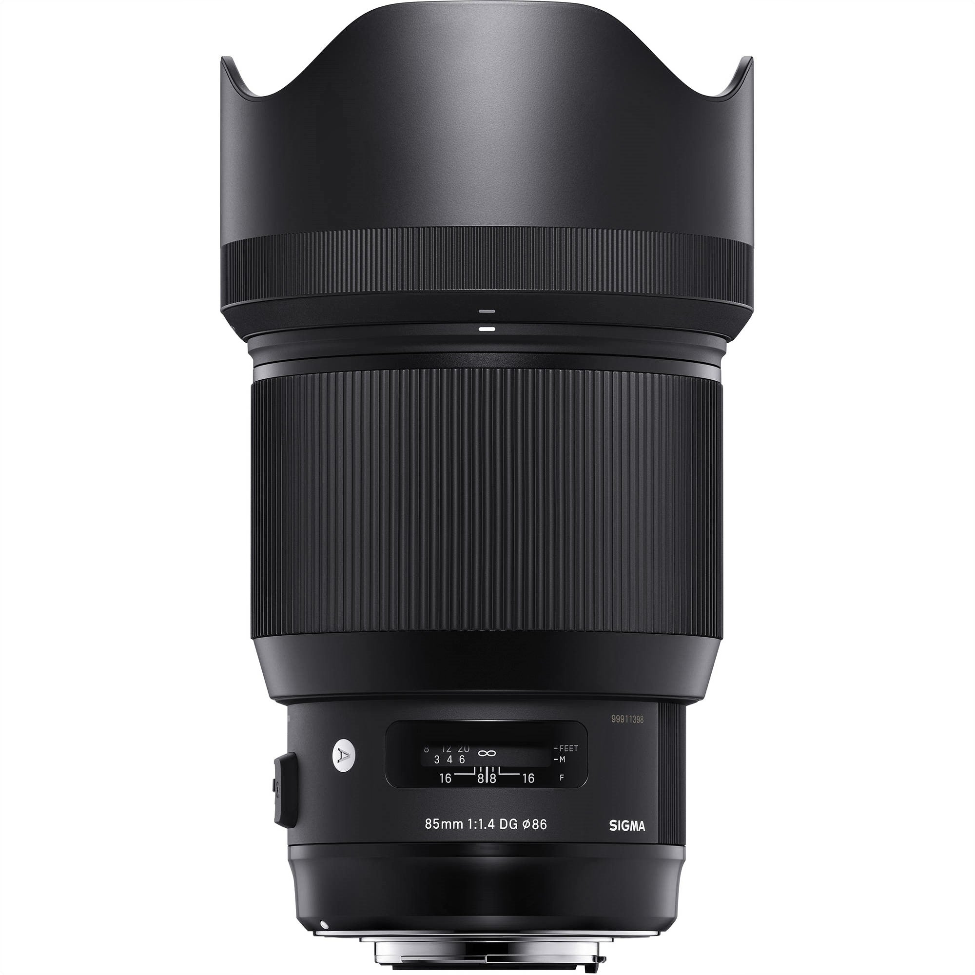 Sigma 85mm F1.4 DG HSM Art Lens for Canon EF with Attached Lens Hood on the Top