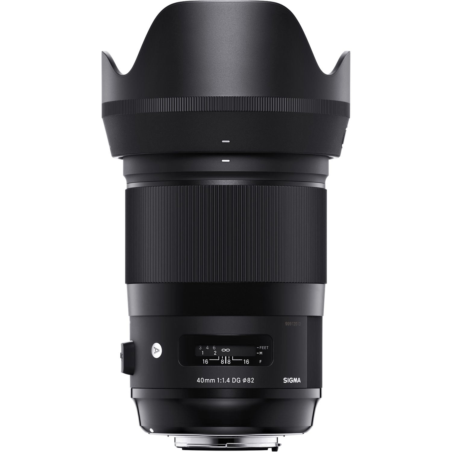 Sigma 40mm F1.4 DG HSM Art Lens for Canon EF with Attached Lens Hood on the Top