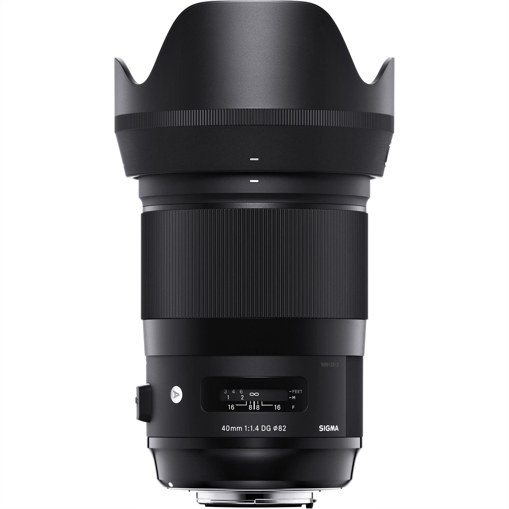 Sigma 40mm F1.4 DG HSM Art Lens for Sony E with Attached Lens Hood on the Top