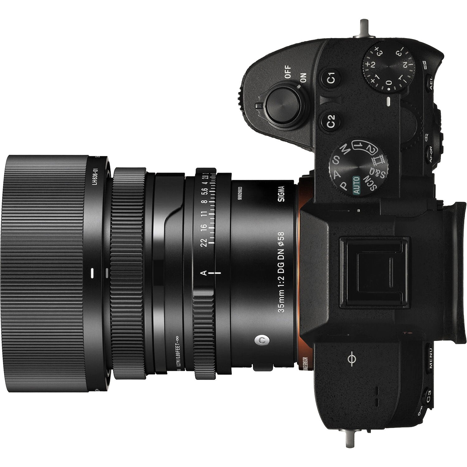 Sigma 35mm F2.0 DG DN Contemporary Lens for Sony E with Attached Camera on the Right Side