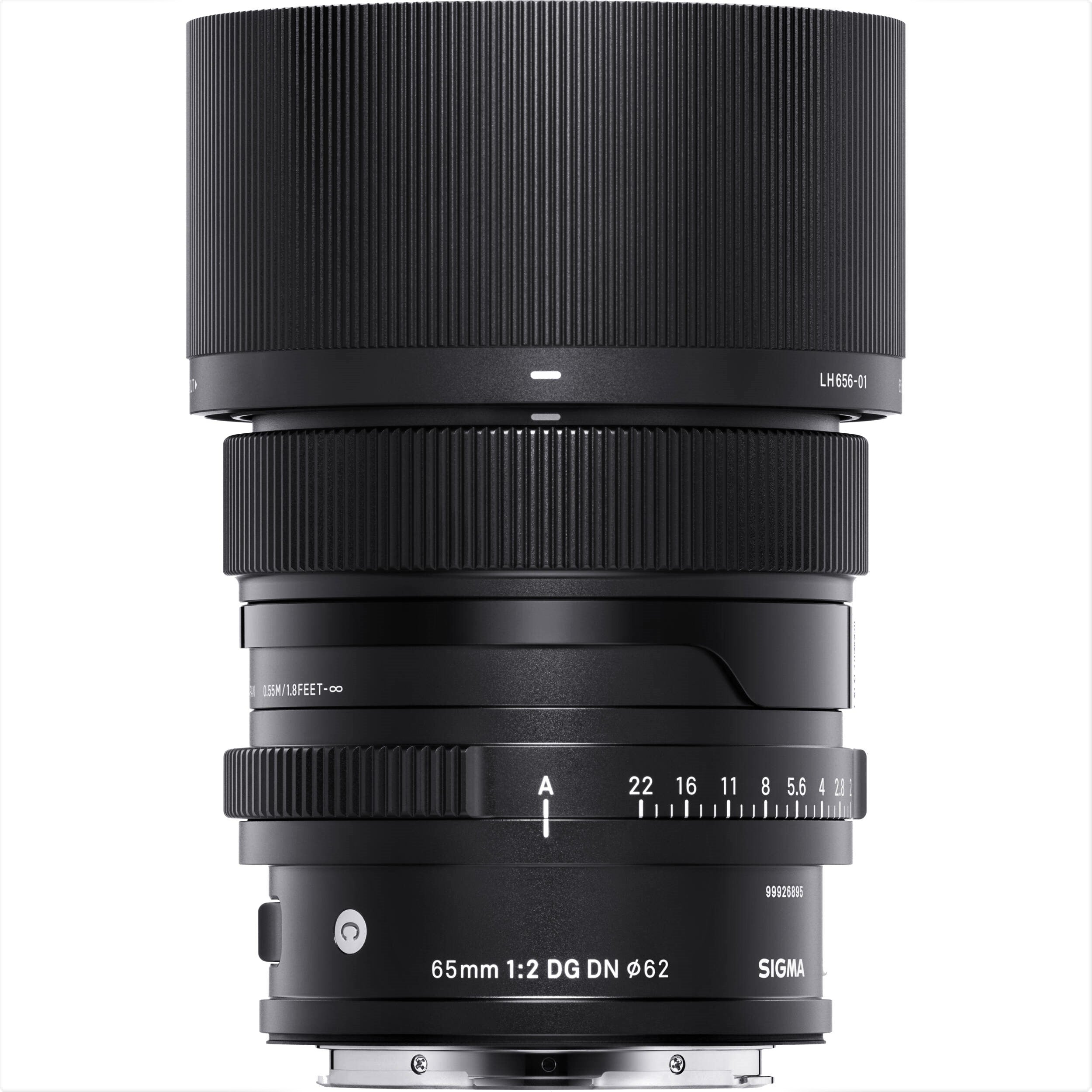 Sigma 65mm F2.0 DG DN Contemporary Lens for Sony E with Attached Lens Hood on the Top