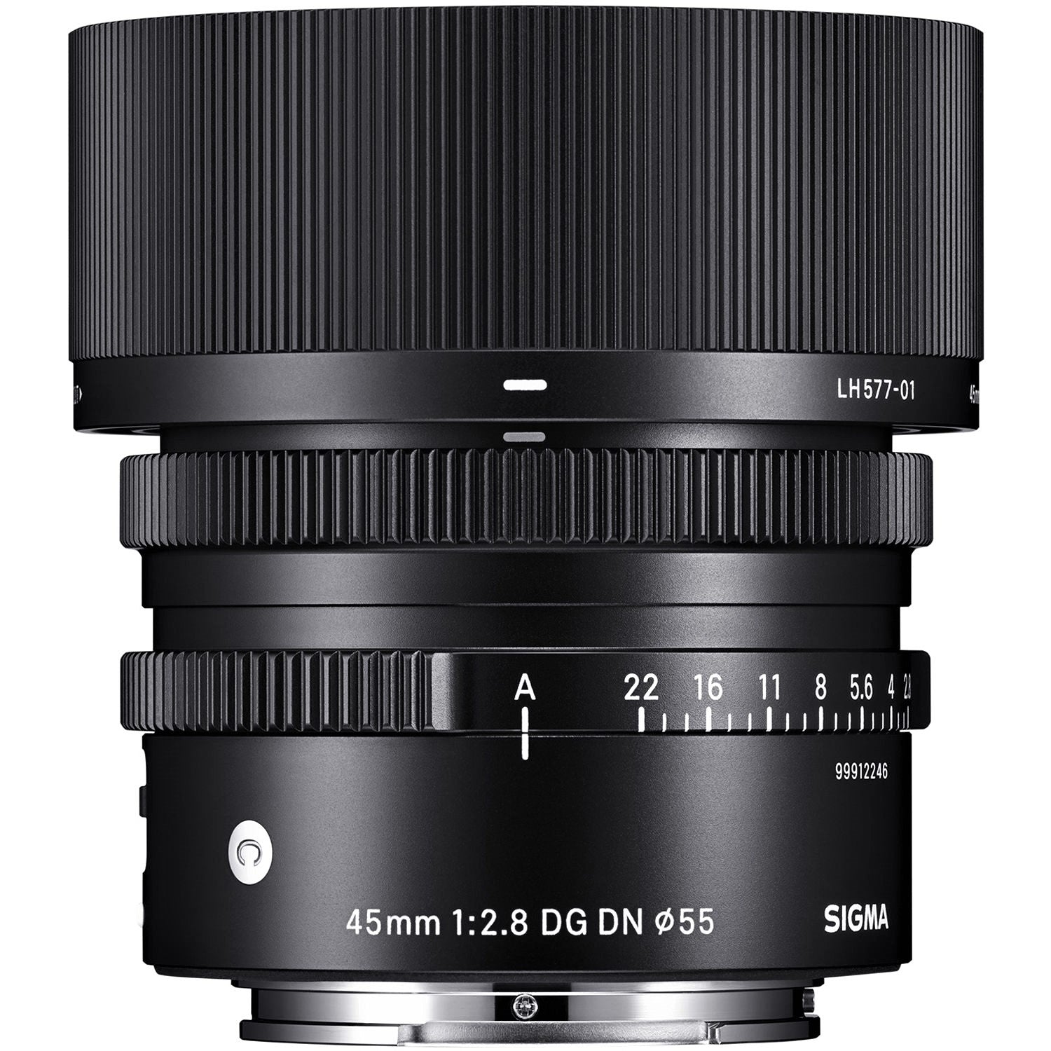 Sigma 45mm F2.8 DG DN Contemporary Lens for Sony E with Attached Lens Hood on the Top
