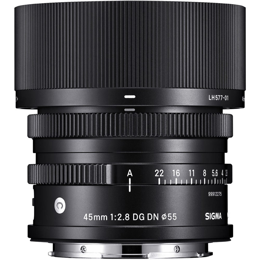 Sigma 45mm F2.8 DG DN Contemporary Lens for Leica L with Lens Hood on the Top