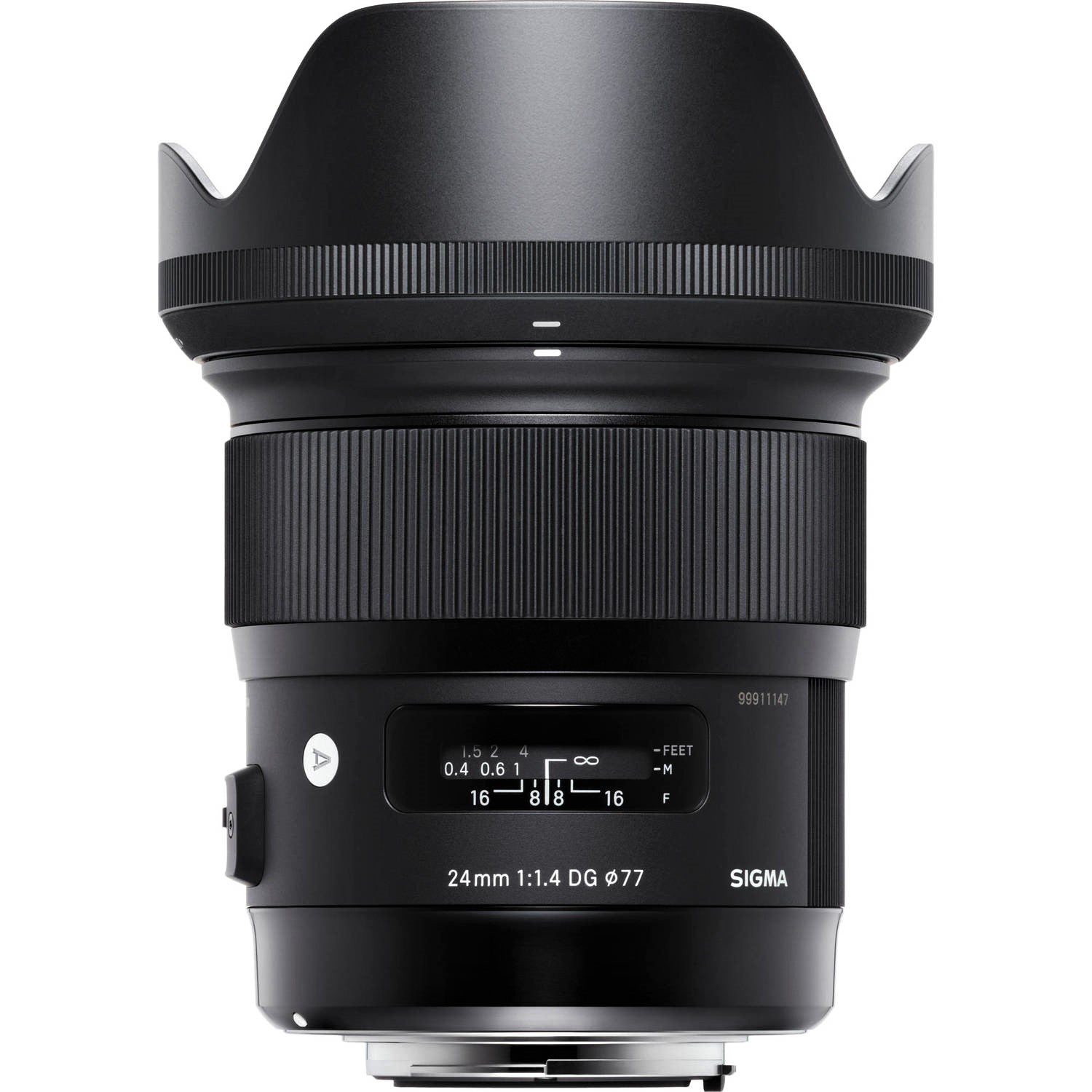 Sigma 24mm F1.4 DG HSM Art Lens for Canon EF with Attached Lens Hood on the Top