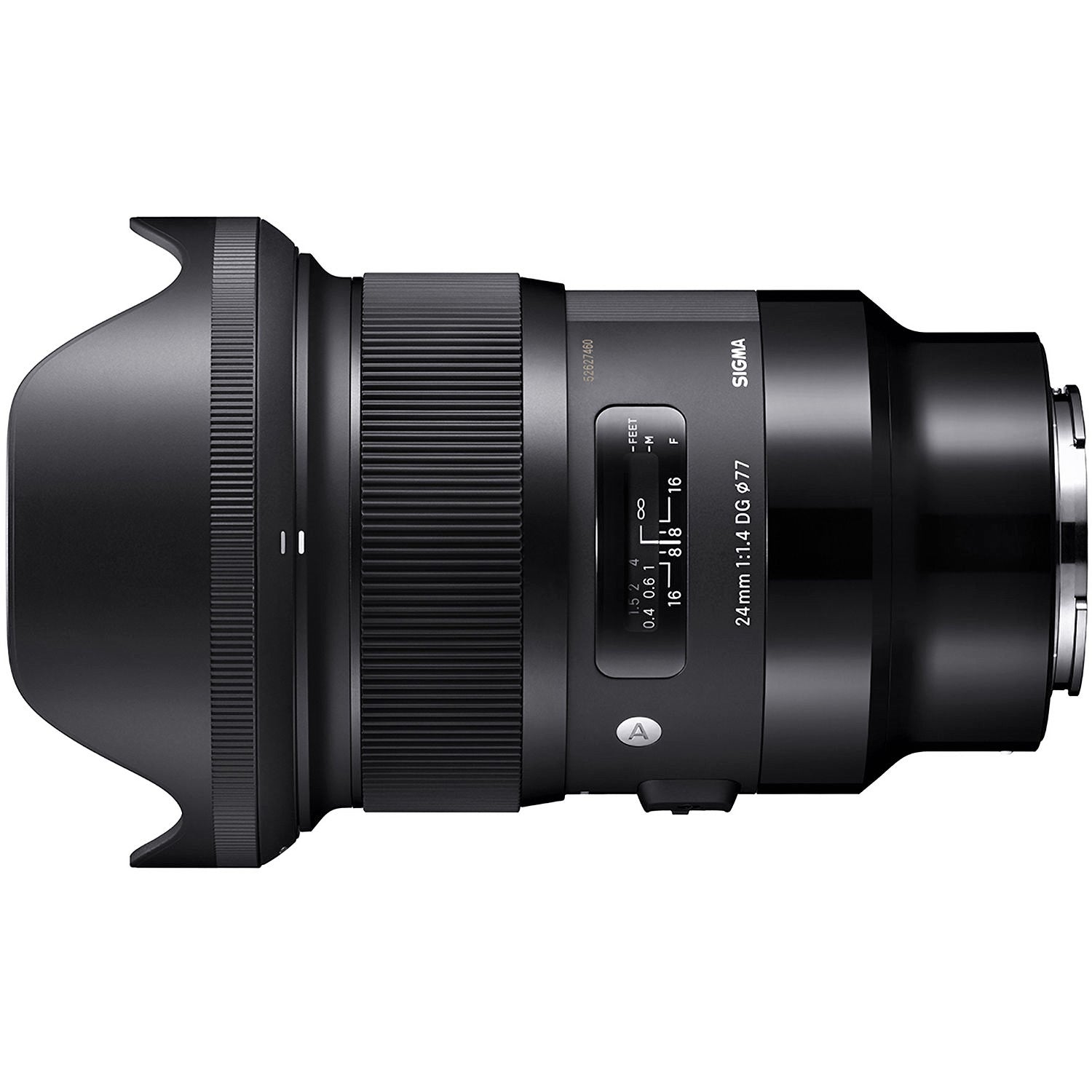 Sigma 24mm F1.4 DG HSM Art Lens for Sony E with Attached Lens Hood on the Left Side