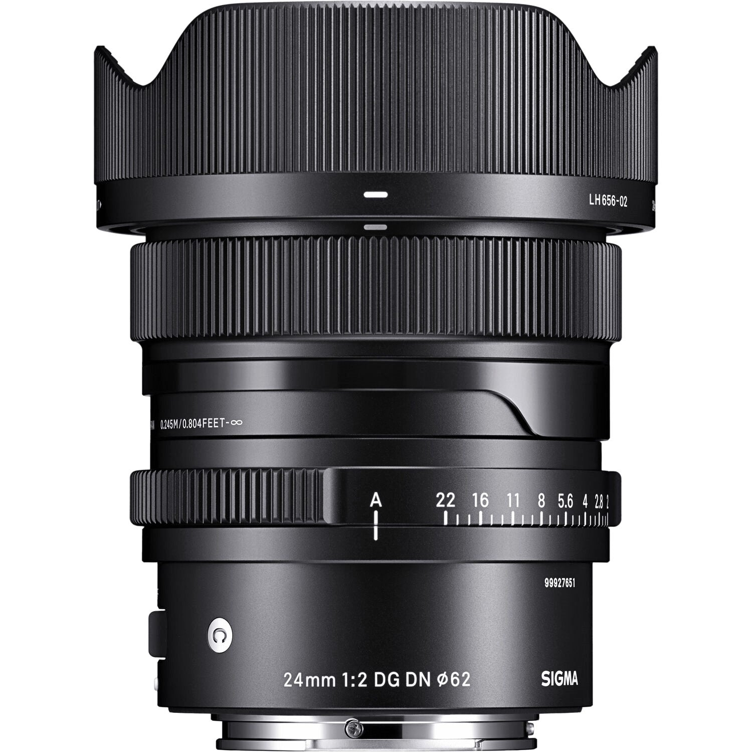Sigma 24mm F2.0 DG DN Contemporary Lens (Sony E Mount) with Attached Lens Hood on the Top