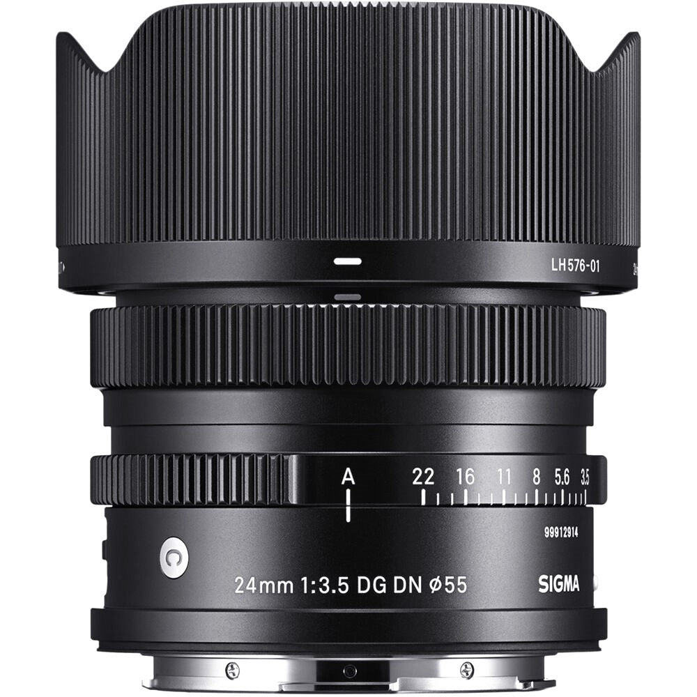 Sigma 24mm F3.5 DG DN Contemporary Lens (Leica L Mount) with Attached Lens Hood on the Top