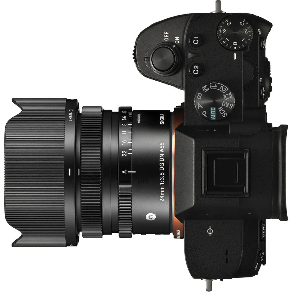 Sigma 24mm F3.5 DG DN Contemporary Lens (Leica L Mount) with Attached Camera on the Right Side