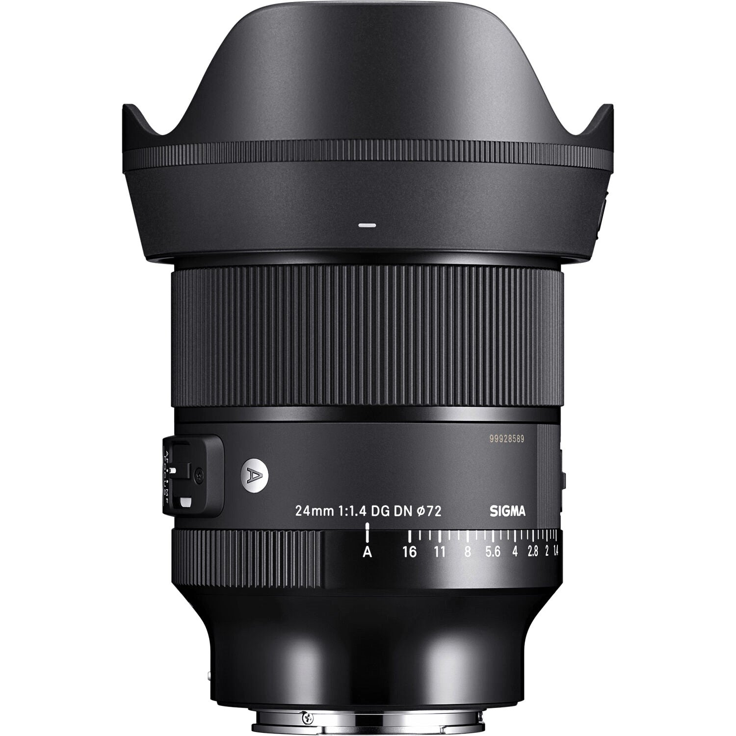 Sigma 24mm F1.4 DG DN Art Lens (Sony E Mount) with Attached Lens Hood on the Top