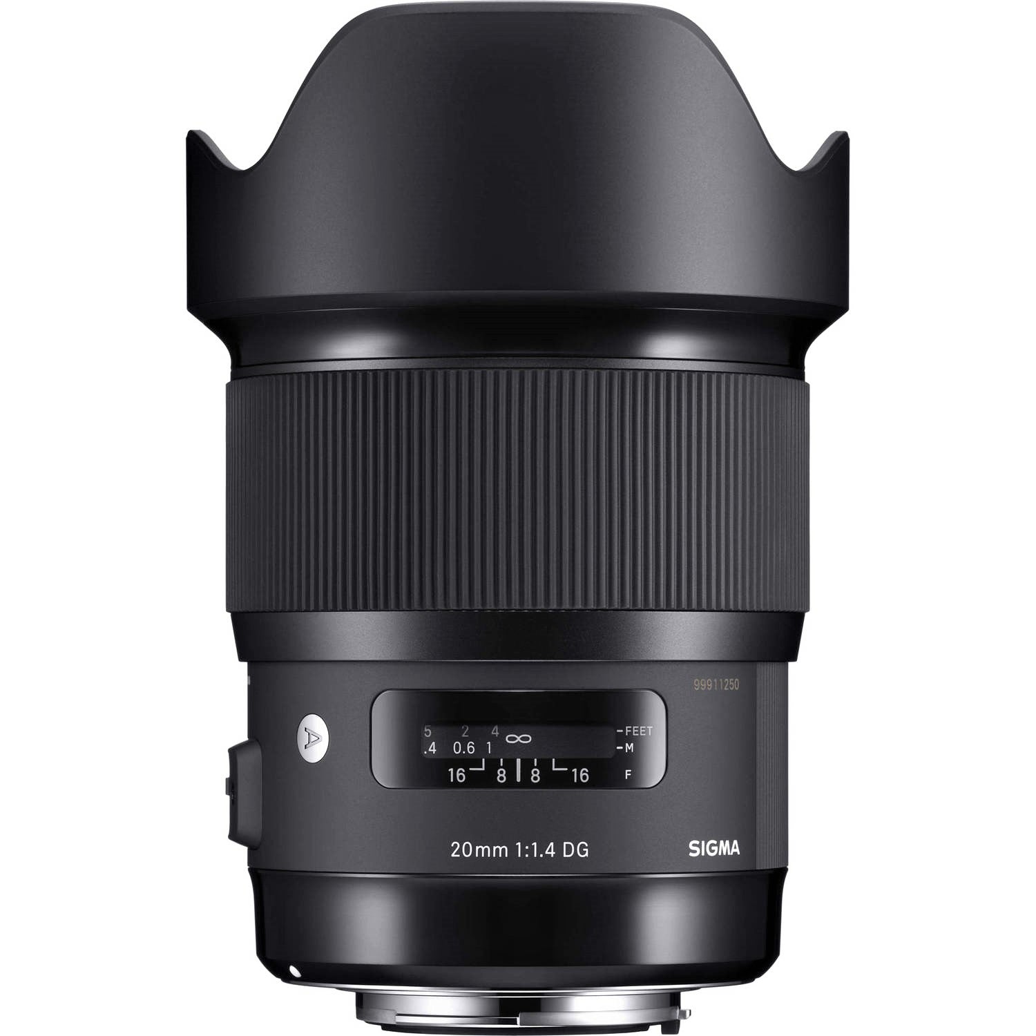 Sigma 20mm F1.4 DG HSM Art Lens for Canon EF with Attached Lens Hood on the Top
