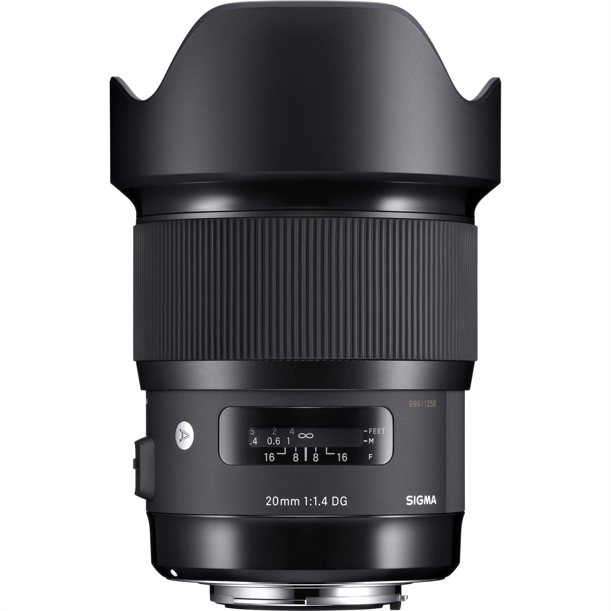 Sigma 20mm F1.4 DG HSM Art Lens for Nikon F with Attached Lens Hood on the Top